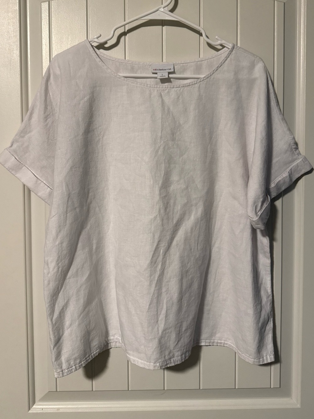Liz Claiborne White Short-Sleeve Linen Blend Top Sz L Airy Boho Shirt